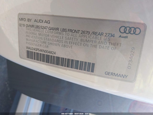 45773960 :رقم المزاد ، WAU24GF54KN004824 vin ، 2019 Audi S5 3.0t Premium Plus مزاد بيع