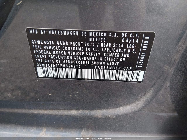 2014 Volkswagen Jetta 2.0l S მანქანა იყიდება აუქციონზე, vin: 3VW2K7AJ1EM320870, აუქციონის ნომერი: 45773966