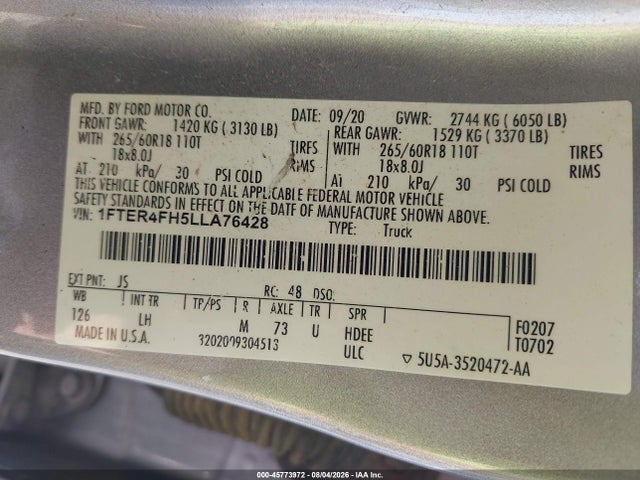 45773972 :رقم المزاد ، 1FTER4FH5LLA76428 vin ، 2020 Ford Ranger Xlt مزاد بيع