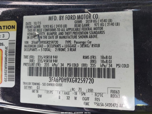 Ford FUSION SE 2016 3FA6P0H9XGR259720 Image 9