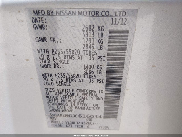 Продаж на аукціоні авто 2013 Nissan Pathfinder Platinum, vin: 5N1AR2MM1DC616034, номер лоту: 45773983