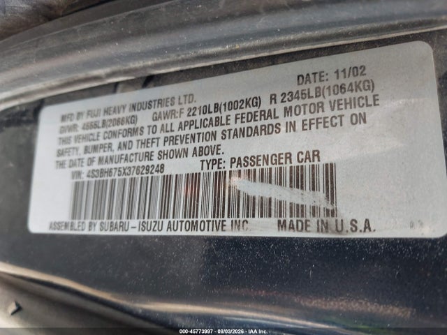 Продаж на аукціоні авто 2003 Subaru Outback, vin: 4S3BH675X37629248, номер лоту: 45773997