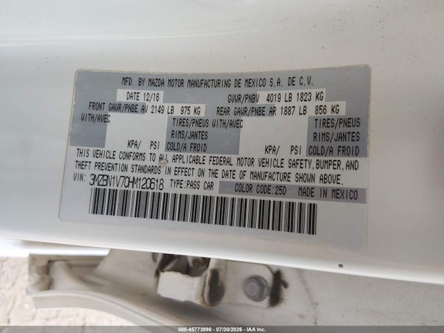 2017 Mazda Mazda3 Touring მანქანა იყიდება აუქციონზე, vin: 3MZBN1V70HM120618, აუქციონის ნომერი: 45773998