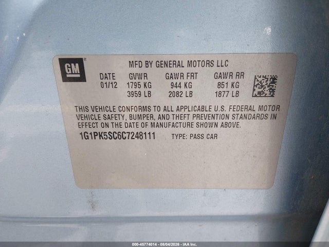 Продаж на аукціоні авто 2012 Chevrolet Cruze Eco, vin: 1G1PK5SC6C7248111, номер лоту: 45774014