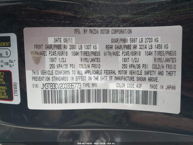 Aukcja sprzedaży 2012 Mazda Cx-9 Touring, vin: JM3TB3CV2C0335773, numer aukcji: 45774035