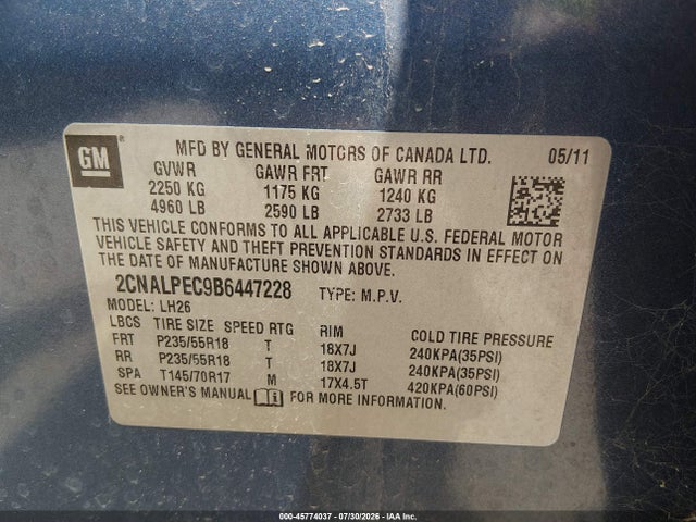 2011 Chevrolet Equinox 2lt მანქანა იყიდება აუქციონზე, vin: 2CNALPEC9B6447228, აუქციონის ნომერი: 45774037