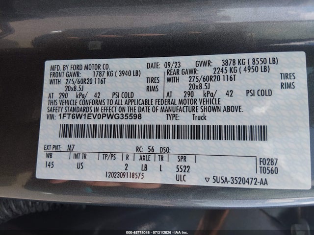 2023 Ford F-150 Lightning Xlt მანქანა იყიდება აუქციონზე, vin: 1FT6W1EV0PWG35598, აუქციონის ნომერი: 45774046