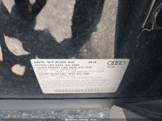 2019 Audi Q5 45 Premium მანქანა იყიდება აუქციონზე, vin: WA1ANAFY2K2121929, აუქციონის ნომერი: 45774053
