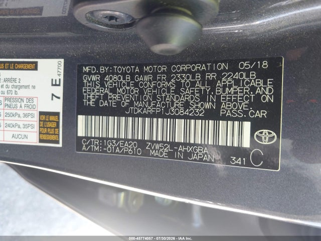 Aukcja sprzedaży 2018 Toyota Prius Prime Premium, vin: JTDKARFP1J3084232, numer aukcji: 45774057