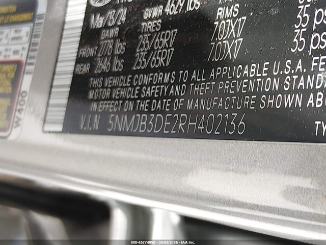 Aukcja sprzedaży 2024 Hyundai Tucson Sel, vin: 5NMJB3DE2RH402136, numer aukcji: 45774058