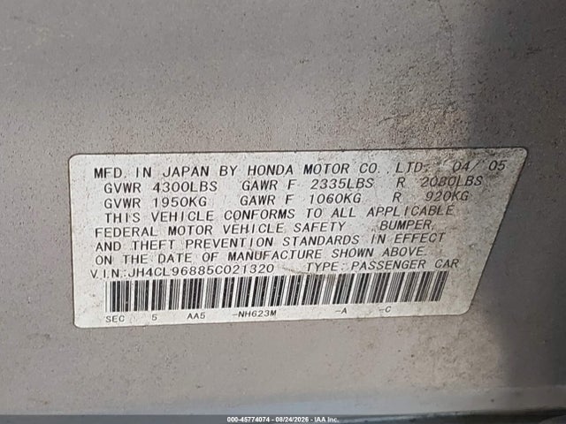 45774074 :رقم المزاد ، JH4CL96885C021320 vin ، 2005 Acura Tsx مزاد بيع