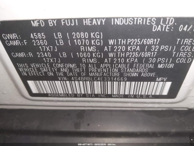 2014 Subaru Outback 2.5i Limited მანქანა იყიდება აუქციონზე, vin: 4S4BRBLC4E3314669, აუქციონის ნომერი: 45774073