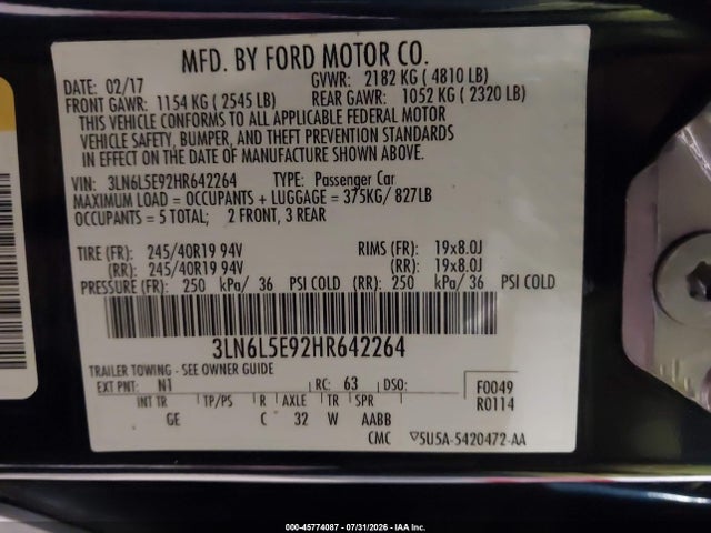 Продажа на аукционе авто 2017 Lincoln Mkz Reserve, vin: 3LN6L5E92HR642264, номер лота: 45774087