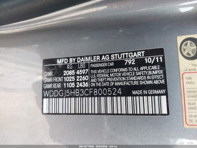 45774088 :رقم المزاد ، WDDGJ5HB3CF800524 vin ، 2012 Mercedes-benz C 350 Sport مزاد بيع