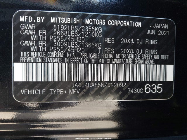 JA4J4UA85NZ022092 Mitsubishi Outlander Black Edition S-awc/se 2.5 S-awc/se Launch Edition S-awc