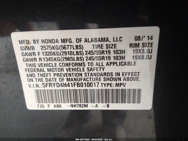 45774095 :رقم المزاد ، 5FRYD4H41FB010017 vin ، 2015 Acura Mdx Technology Package مزاد بيع