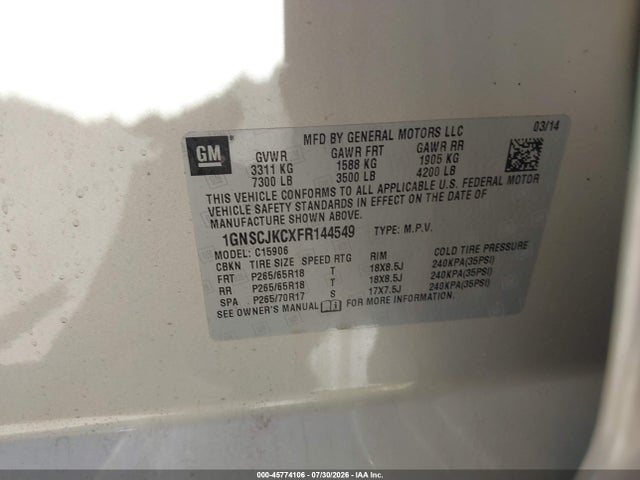 Aukcja sprzedaży 2015 Chevrolet Suburban Lt, vin: 1GNSCJKCXFR144549, numer aukcji: 45774106