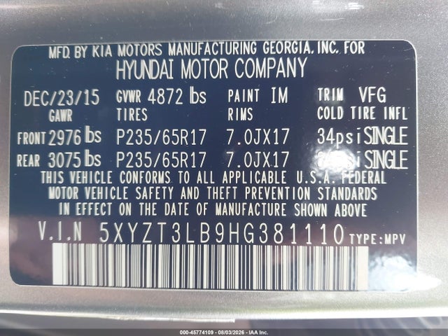 45774109 :رقم المزاد ، 5XYZT3LB9HG381110 vin ، 2017 Hyundai Santa Fe Sport 2.4l مزاد بيع
