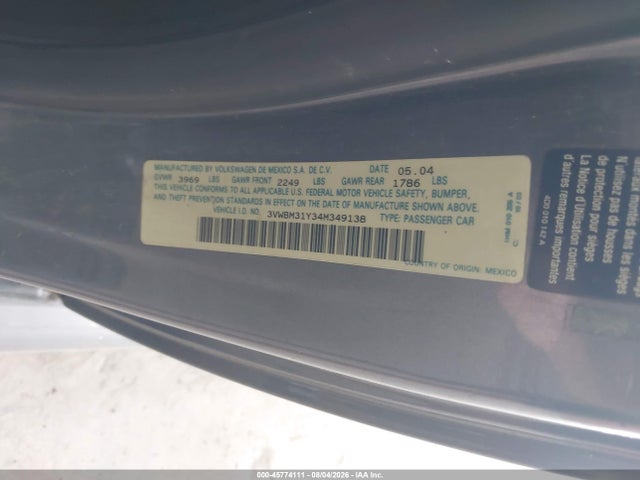 2004 Volkswagen New Beetle Gl მანქანა იყიდება აუქციონზე, vin: 3VWBM31Y34M349138, აუქციონის ნომერი: 45774111