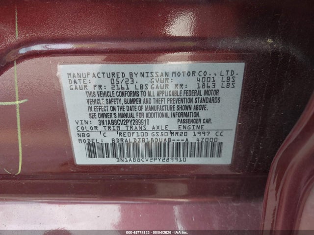 Продаж на аукціоні авто 2023 Nissan Sentra Sv Xtronic Cvt, vin: 3N1AB8CV2PY289910, номер лоту: 45774123