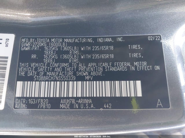 5TDBBRCH7NS550339 Toyota Highlander Hybrid Le
