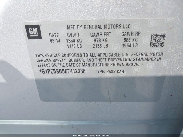 45774136 :رقم المزاد ، 1G1PC5SB5E7412388 vin ، 2014 Chevrolet Cruze 1lt Auto مزاد بيع