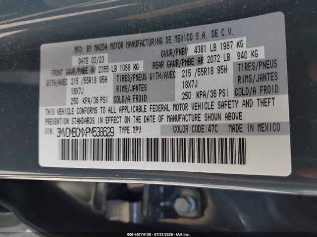 45774138 :رقم المزاد ، 3MVDMBCMXPM538629 vin ، 2023 Mazda Cx-30 2.5 S Carbon Edition مزاد بيع