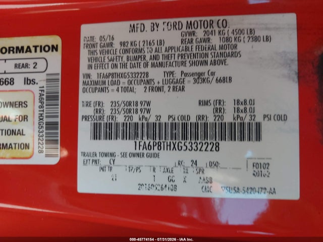 Продажа на аукционе авто 2016 Ford Mustang Ecoboost, vin: 1FA6P8THXG5332228, номер лота: 45774154