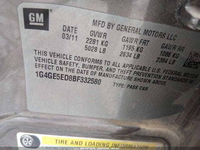 45774158 :رقم المزاد ، 1G4GE5ED8BF332580 vin ، 2011 Buick Lacrosse Cxs مزاد بيع