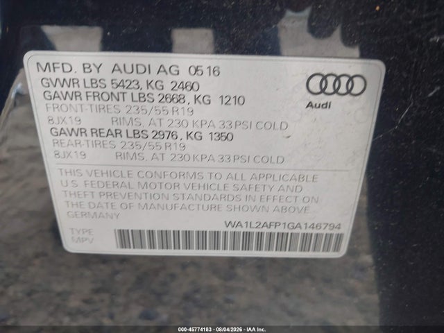Продаж на аукціоні авто 2016 Audi Q5 2.0t Premium, vin: WA1L2AFP1GA146794, номер лоту: 45774183