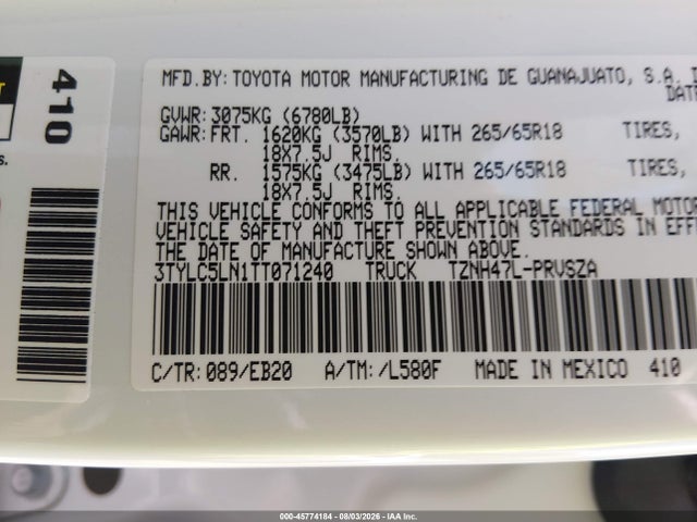 45774184 :رقم المزاد ، 3TYLC5LN1TT071240 vin ، 2026 Toyota Tacoma Hybrid Limited مزاد بيع