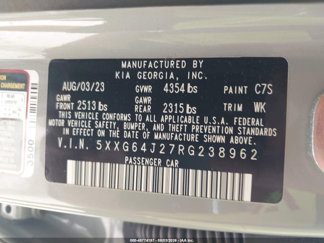 Продажа на аукционе авто 2024 Kia K5 Gt-line, vin: 5XXG64J27RG238962, номер лота: 45774197
