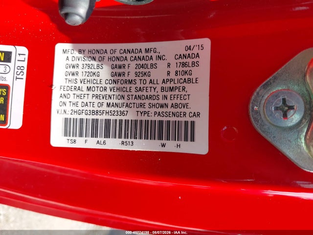 Aukcja sprzedaży 2015 Honda Civic Ex, vin: 2HGFG3B85FH523367, numer aukcji: 45774198
