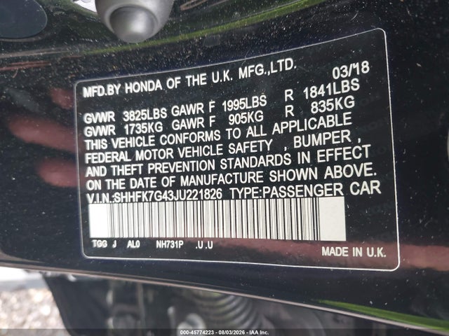 Продаж на аукціоні авто 2018 Honda Civic Sport, vin: SHHFK7G43JU221826, номер лоту: 45774223