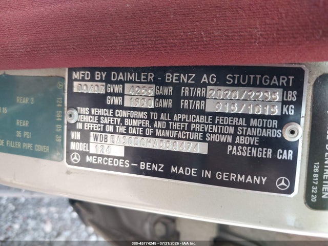 Продаж на аукціоні авто 1987 Mercedes-benz 300 E, vin: WDBEA30D0HA558474, номер лоту: 45774245