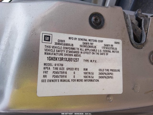 Aukcja sprzedaży 1999 Gmc Yukon Slt Gm Buypower, vin: 1GKEK13R1XJ801237, numer aukcji: 45774257