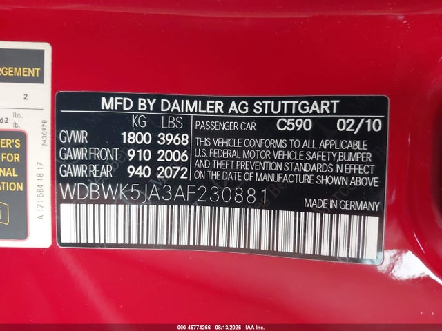 45774266 :رقم المزاد ، WDBWK5JA3AF230881 vin ، 2010 Mercedes-benz Slk 350 مزاد بيع