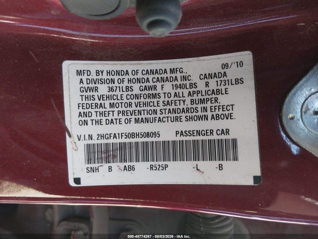 Aukcja sprzedaży 2011 Honda Civic Lx, vin: 2HGFA1F50BH508095, numer aukcji: 45774267