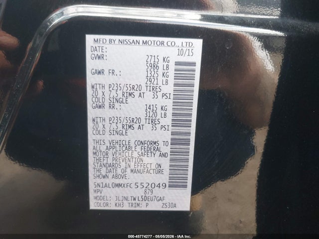 Aukcja sprzedaży 2015 Infiniti Qx60, vin: 5N1AL0MMXFC552049, numer aukcji: 45774277