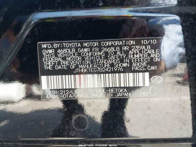 45774293 :رقم المزاد ، JTHBK1EG7B2421976 vin ، 2011 Lexus Es 350 مزاد بيع