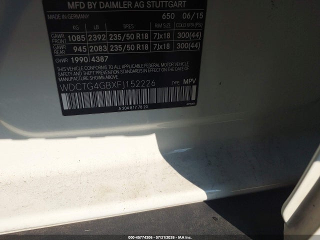 Auction sale of the 2015 Mercedes-benz Gla 250 4matic, vin: WDCTG4GBXFJ152226, lot number: 45774306