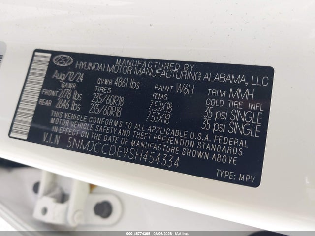45774308 :رقم المزاد ، 5NMJCCDE9SH454334 vin ، 2025 Hyundai Tucson Sel Convenience مزاد بيع