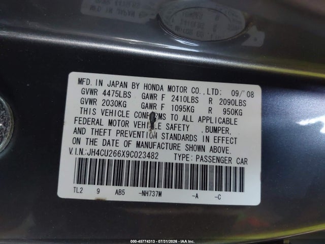 2009 Acura Tsx მანქანა იყიდება აუქციონზე, vin: JH4CU266X9C023482, აუქციონის ნომერი: 45774313