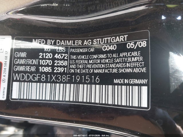 45774317 :رقم المزاد ، WDDGF81X38F191516 vin ، 2008 Mercedes-benz C 300 مزاد بيع