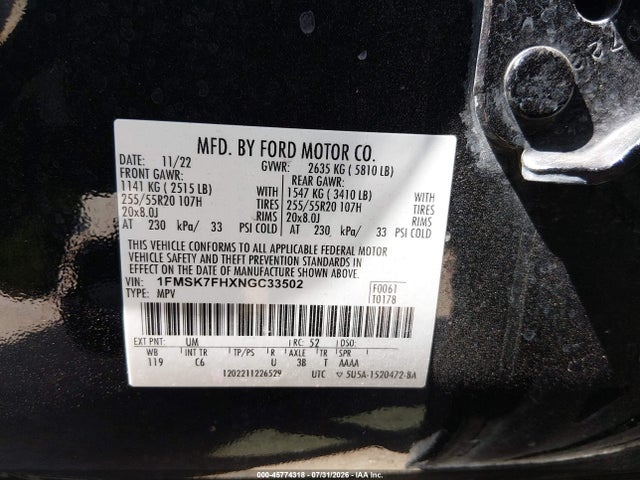 45774318 :رقم المزاد ، 1FMSK7FHXNGC33502 vin ، 2022 Ford Explorer Limited مزاد بيع