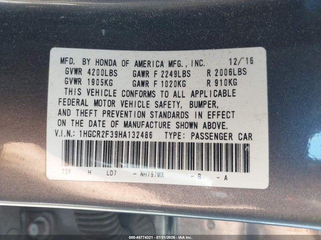 Honda ACCORD LX 2017 1HGCR2F39HA132486 Image 9