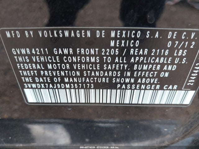 45774339 :رقم المزاد ، 3VWDX7AJ9DM357173 vin ، 2013 Volkswagen Jetta 2.5l Se مزاد بيع