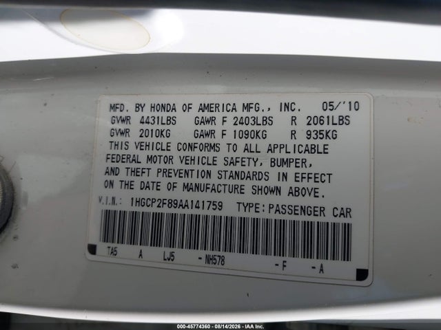 Aukcja sprzedaży 2010 Honda Accord 2.4 Ex-l, vin: 1HGCP2F89AA141759, numer aukcji: 45774360