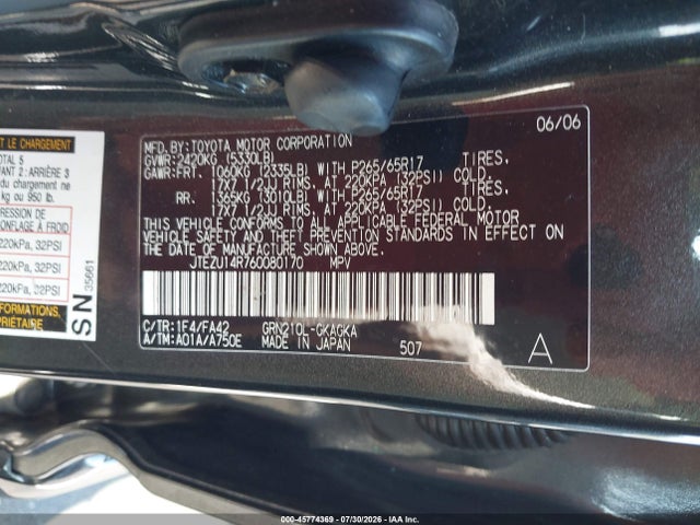 2006 Toyota 4runner Sr5 V6 მანქანა იყიდება აუქციონზე, vin: JTEZU14R760080170, აუქციონის ნომერი: 45774369