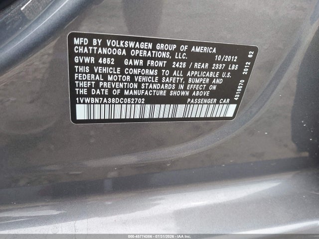 2013 Volkswagen Passat 2.0l Tdi Se მანქანა იყიდება აუქციონზე, vin: 1VWBN7A38DC052702, აუქციონის ნომერი: 45774386